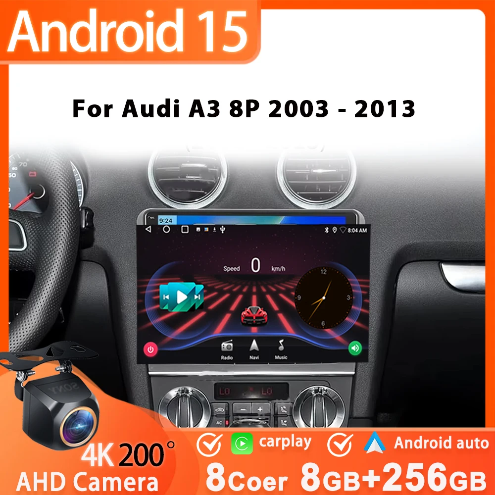 Фото Автомобильный радиоприемник Android 15 для Audi A3 8P 2003-2013 2din, головное устройство, видеостерео Carplay, авто GPS-навигация, радио, мультимедийный плеер №1
