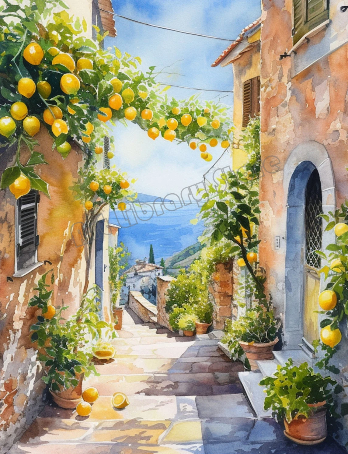 

Ботанический постер "Итальянская прибрежная летняя кухня, лимонное дерево", печать на холсте