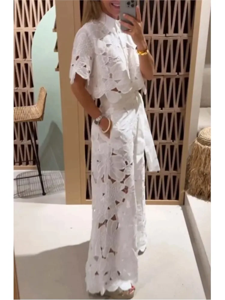 Сексуальный однобортный топ-рубашка с лацканами + широкие брюки комплект из 2