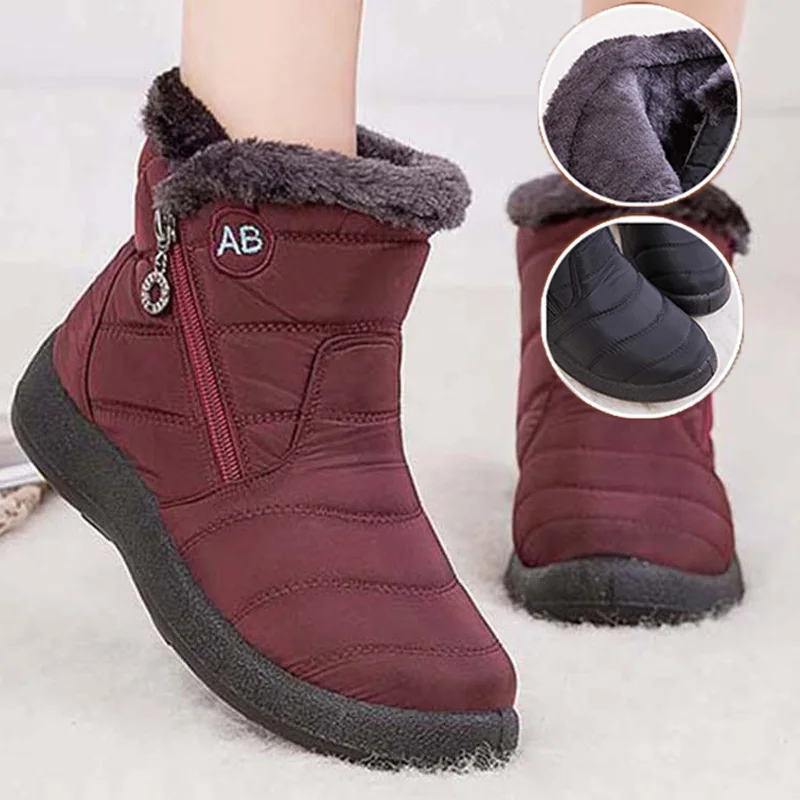 

Ботинки женские для снега, повседневная водонепроницаемая обувь на молнии, плюшевые сапоги на плоской подошве, зимние сапоги