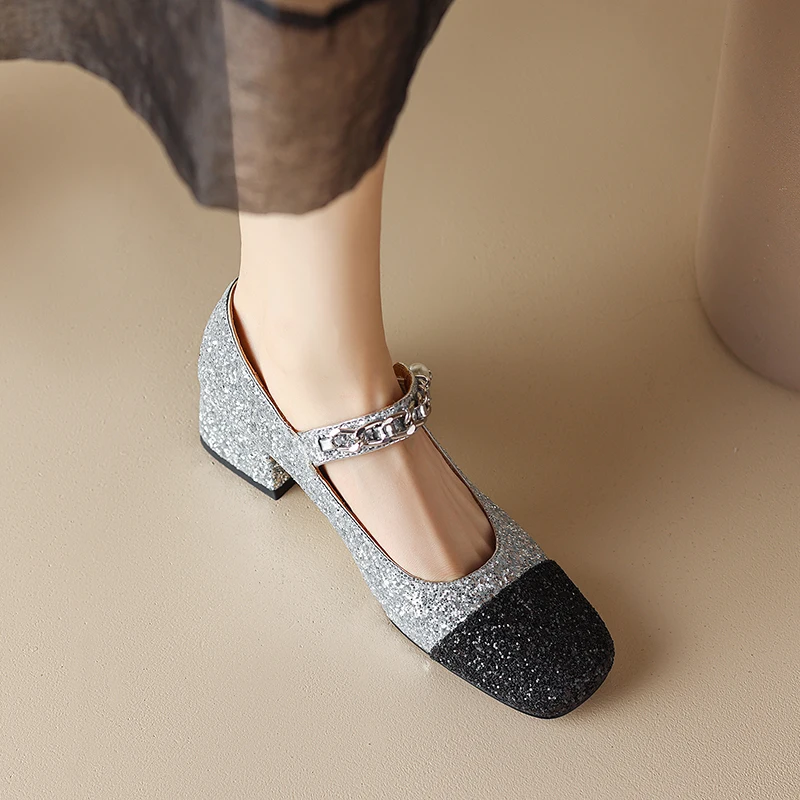Square head spring and autumn women's shoes with sequin thin belt square heel thick heel high heel chain pearl women's shoes