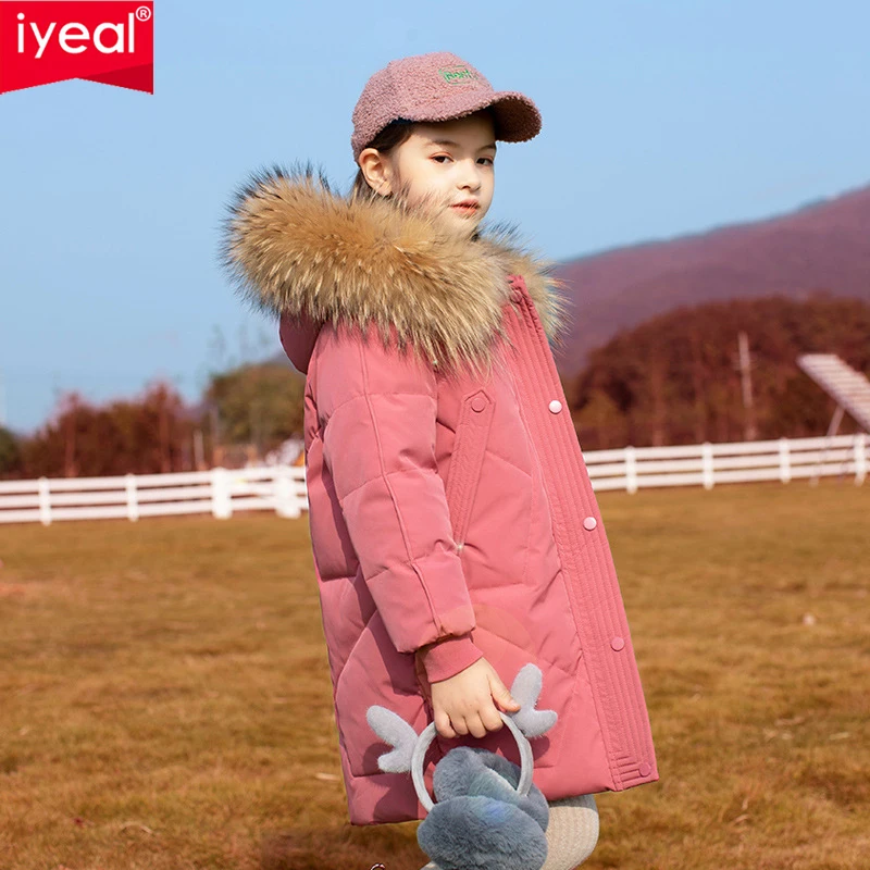 

IYEAL Winter Down Jacket For Girls Real Raccoon Fur Thick Warm Children Outerwear Coat 4-14 Years Kids Teenage Girl Parka