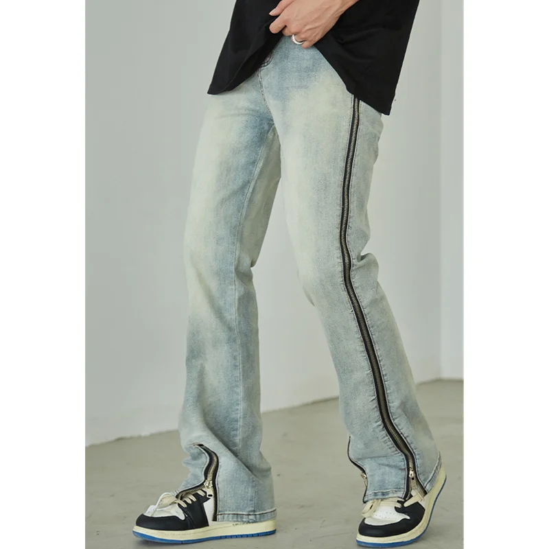 Streetwear Men 2022 New Vintage Straight Tube Side Zipper Recreational Jeans Simplicity Temperament Blue Trousers Autumn Female
