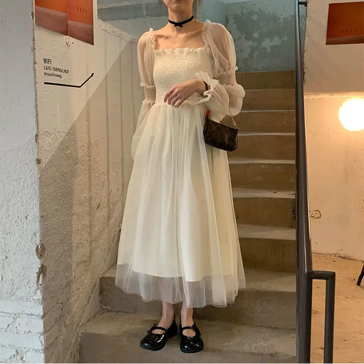 Fashion Summer Dresses for Women 2022 Ruffled Casual Long Sleeve Print A-line Elegant Vestidos High Waist Party Maxi White Dress