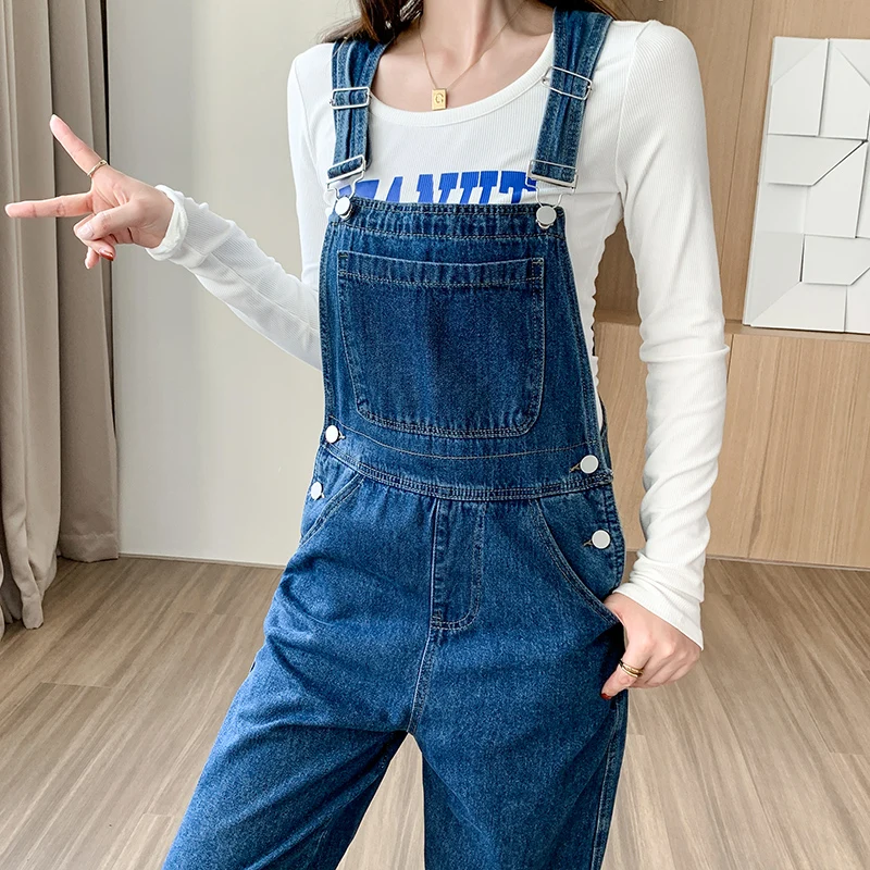 Denim strap pants women's pants versatile for commuting leisure and all-season wear retro blue loose dad pants wide leg pants