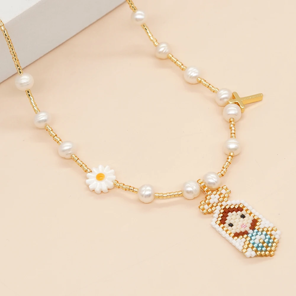 

Miyuki Beaded Pendant Necklaces Natural Pearl Summer Jewelry Waterproof Gold Plated Stainless Steel Chain Necklace for Teen Girl