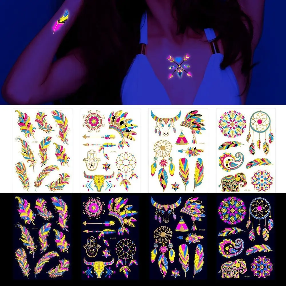 

Флуоресцентные водонепроницаемые Временные татуировки, наклейки неоновые с перьями для музыкального фестиваля, оптовая продажа