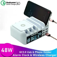 7 in 1 universal qc3 0 usb charger 48w fast wireless charger station lcd clock portatil carregador for iphone 12 pro max xiaomi
