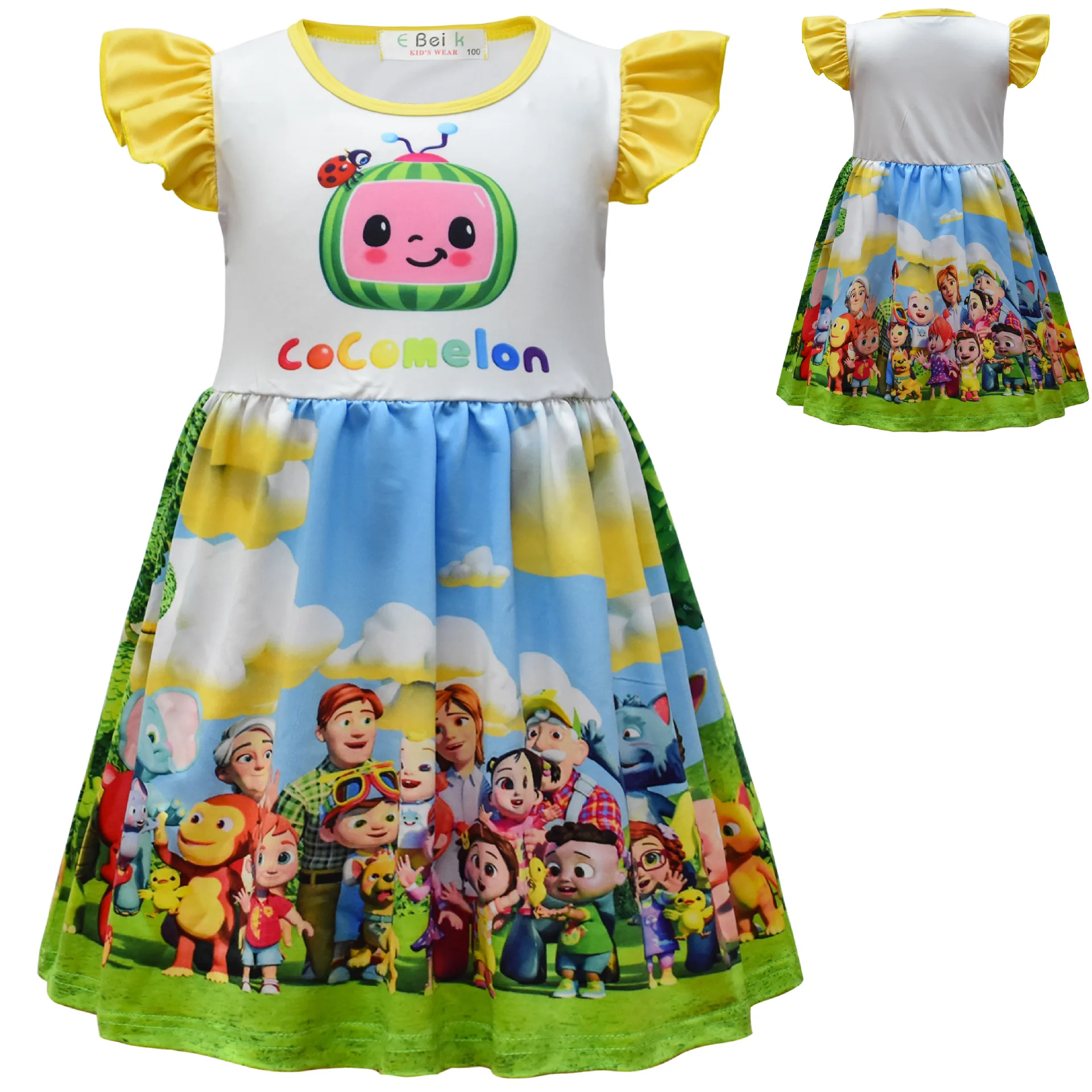 Baby Girls Casual Toddler Dress Cartoon Cocomeloned Printed Flying Sleeves Summer Dresses Kids Carnival Party Clothes