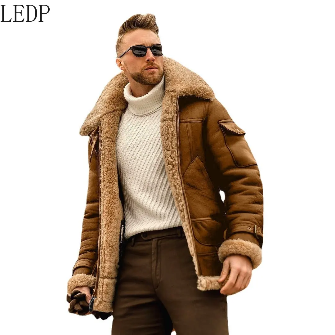 European and American Style Men's Clothing plus Size Brushed Velvet Plain Composite Leather Jacket Thick Coat Woolen Coat