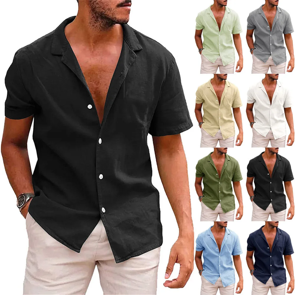 

2023 new Cotton Linen Hot Sale Men's Short-Sleeved Shirts Summer Solid Color Turn-down collar Casual Beach Style Plus Size