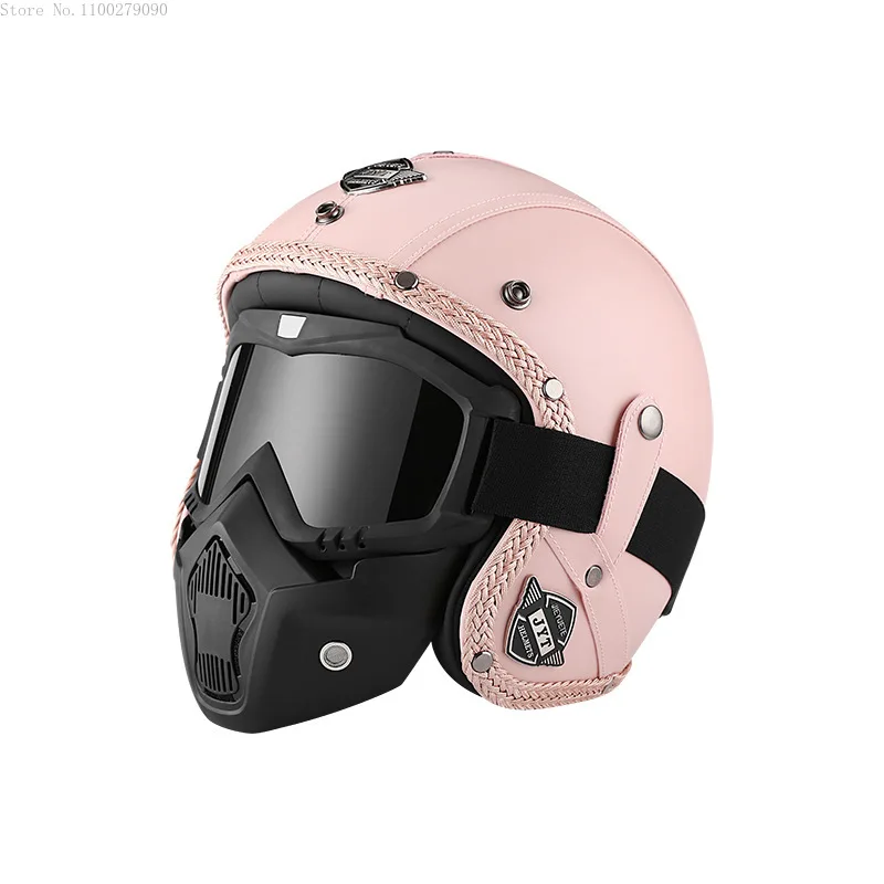 Casco Retro rosa para motocicleta, medio Casco con gafas, hecho a mano,...