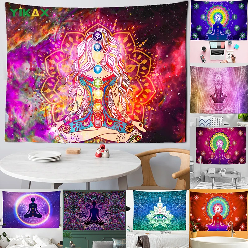 

Tapestry Indian Buddha Statue Meditation 7 Chakra Wall Hanging Blanket Aesthetic Mandala Psychedelic Yoga Home Decor Accessories