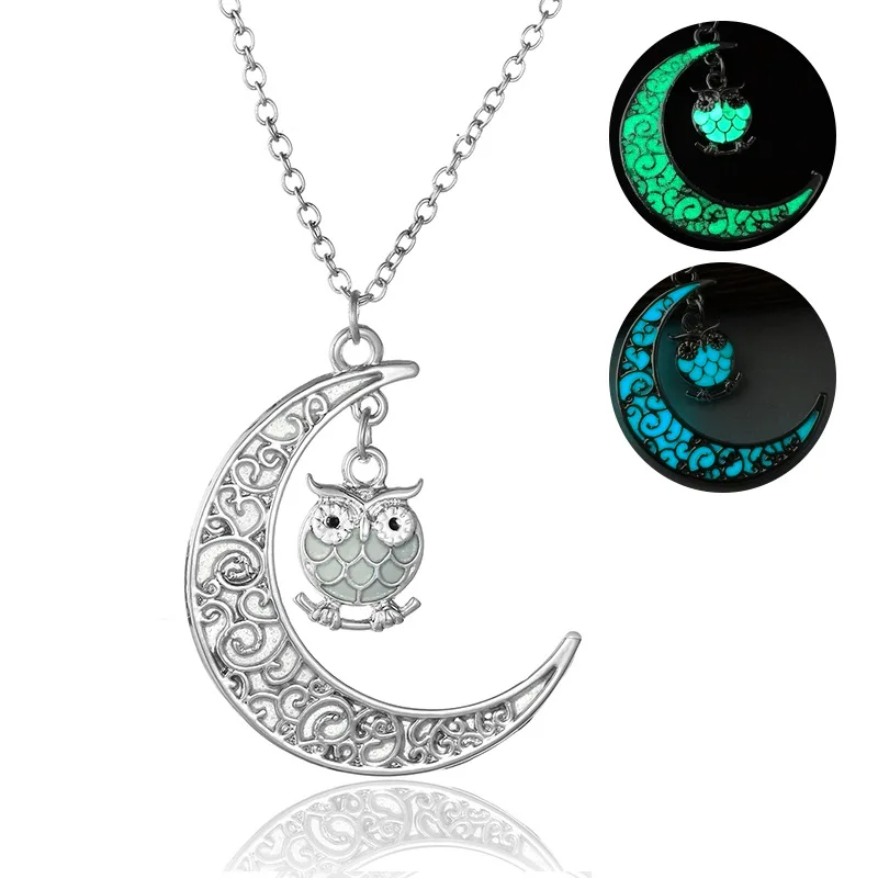 

Cute Glowing Moon Owl Pendant Necklace Silver Color Luminous Animal Charm Necklace Fashion Glow In The Dark Necklace Jewelry