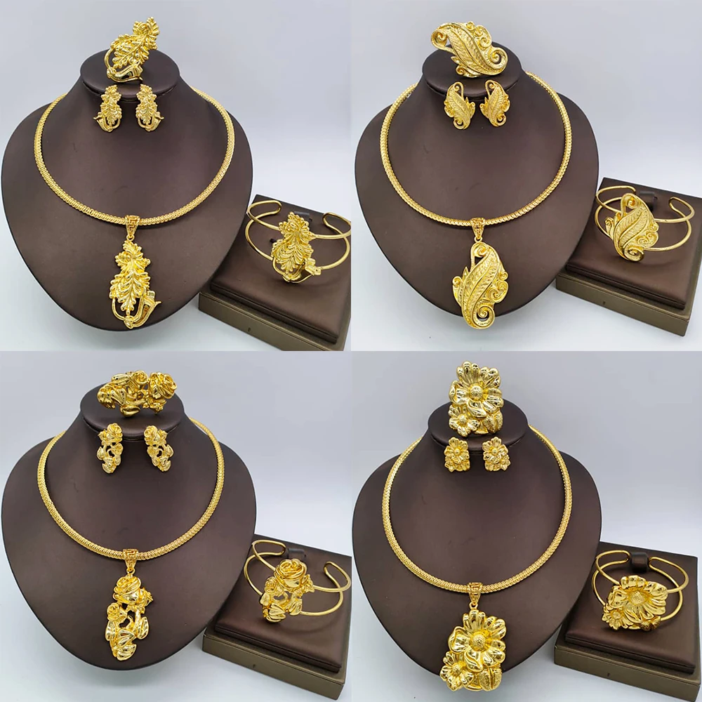 

18K Gold Plated Jewelry Set For Women Flower Pendant Copper Necklace Earrings Bracelet Rings Dubai Luxury Wedding Party Jewelry