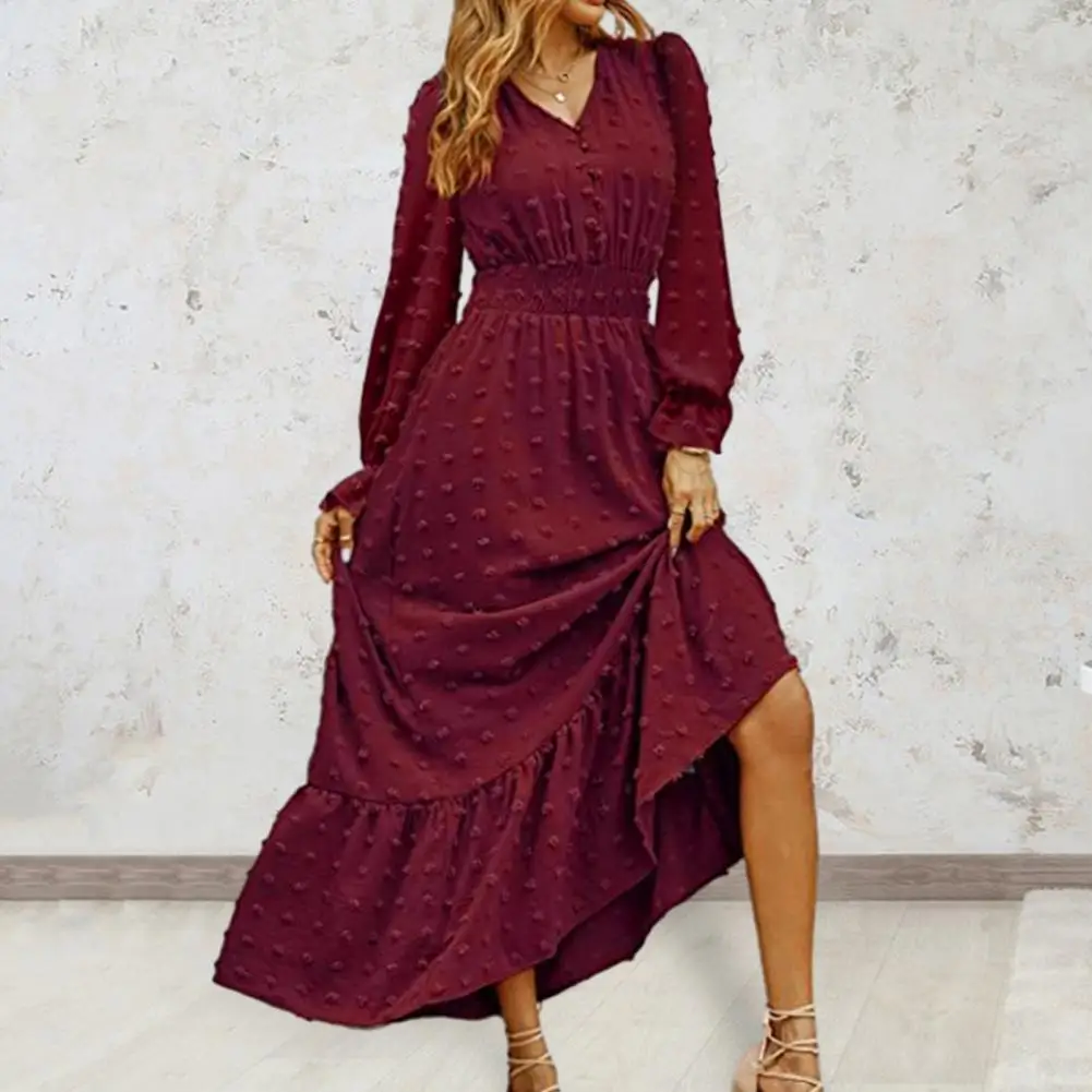 

Women Spring Fall Dress V Neck Lady Maxi Dress Ruffle Loose Hem Elegant Dresses Long Sleeve Party Dress Women's Clothing