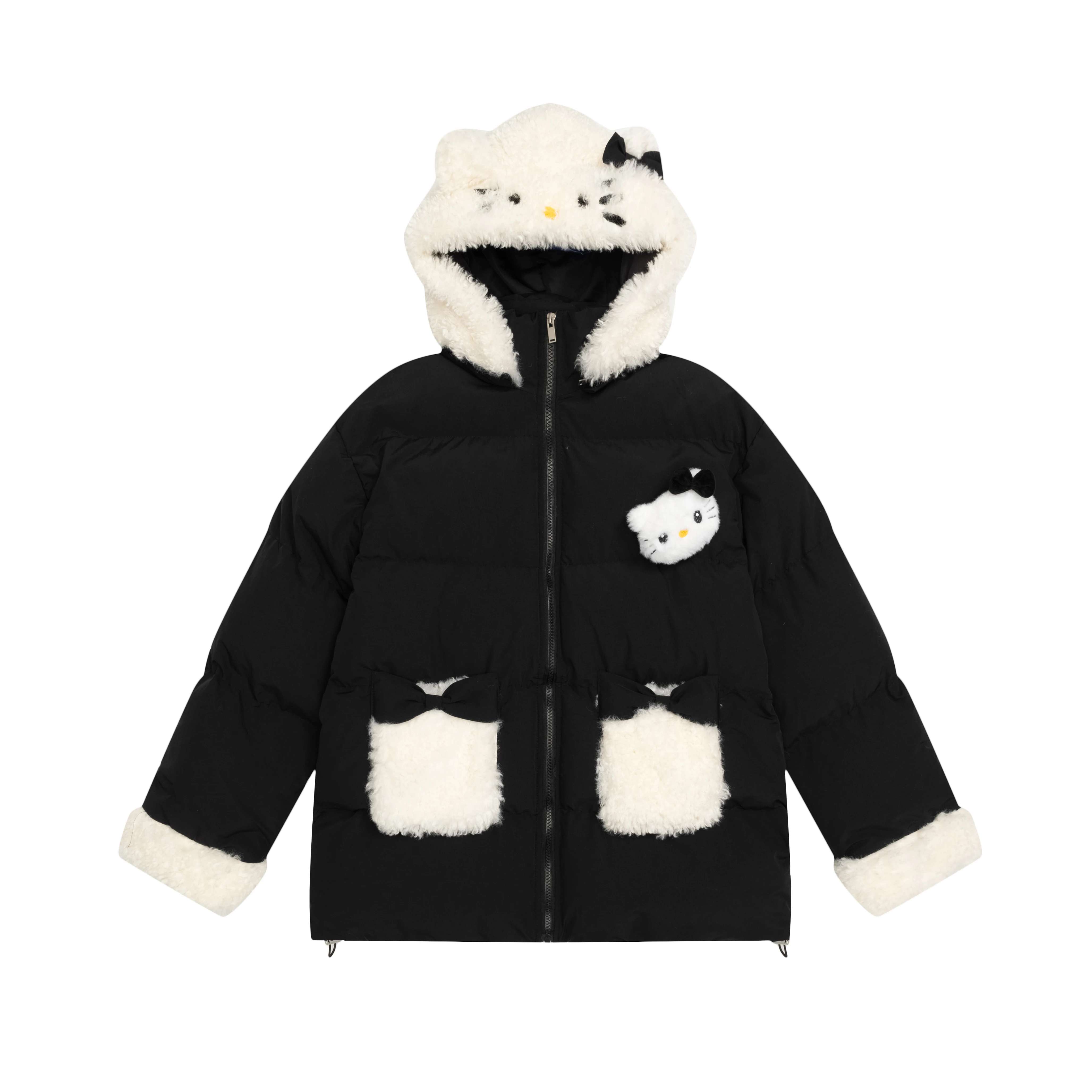 All My Sweet Kit Cat Black and White Contrast Color Hood Cotton-Padded Jacket Women's 2024 New Soft