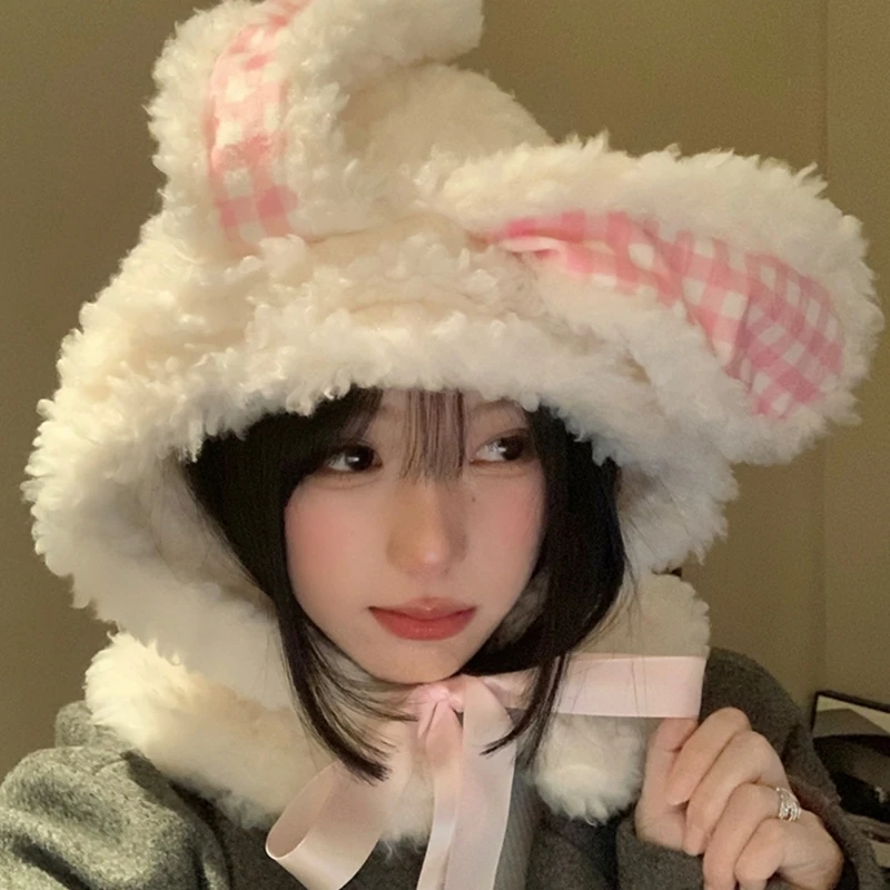 Белая шапка с кроличьими ушками для зимних видов спорта езды на велосипеде и