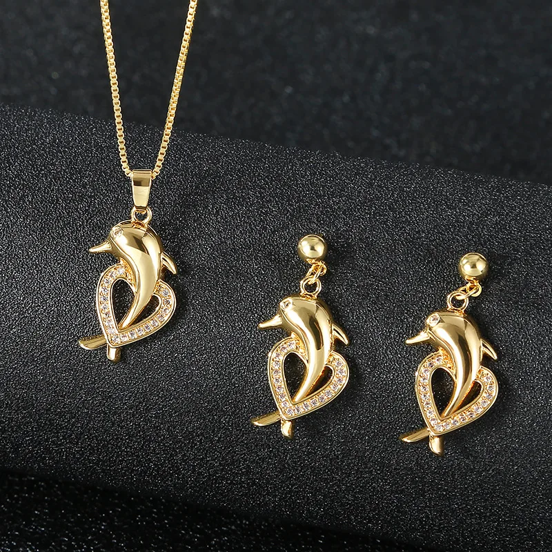 

Korean Fashion New Dolphin Love Personalized Micro-inlaid Zircon Gold-plated Earrings Versatile Marine Animal Clavicle Chain Set