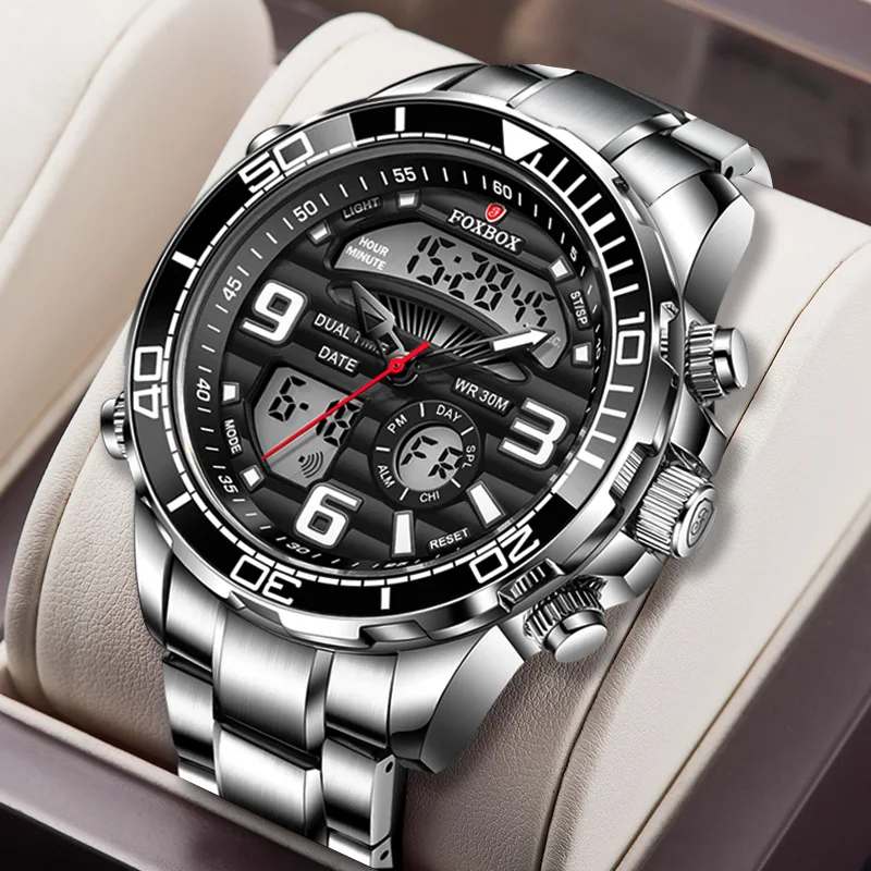 

2022 FOXBOX Watch for Men Dual Display Mens Watches Sport Waterproof Stainless Steel Quartz Wristwatch Clock Relogio Masculino