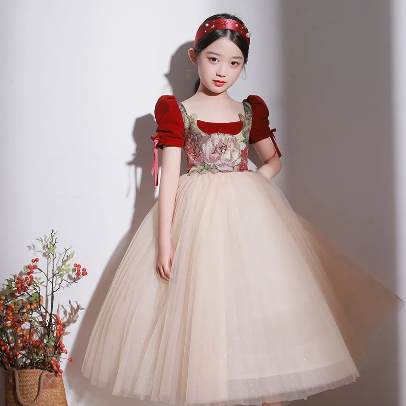 Korean Children's Clothing 2023 Flower Girls Party Red Dress Children Luxurious Dresses Kids Vestidos Girl Dress 12 To 14 Years