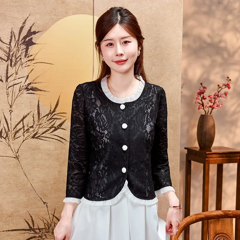 Модные куртки с рюшами белая черная женская куртка в китайском стиле кружевная
