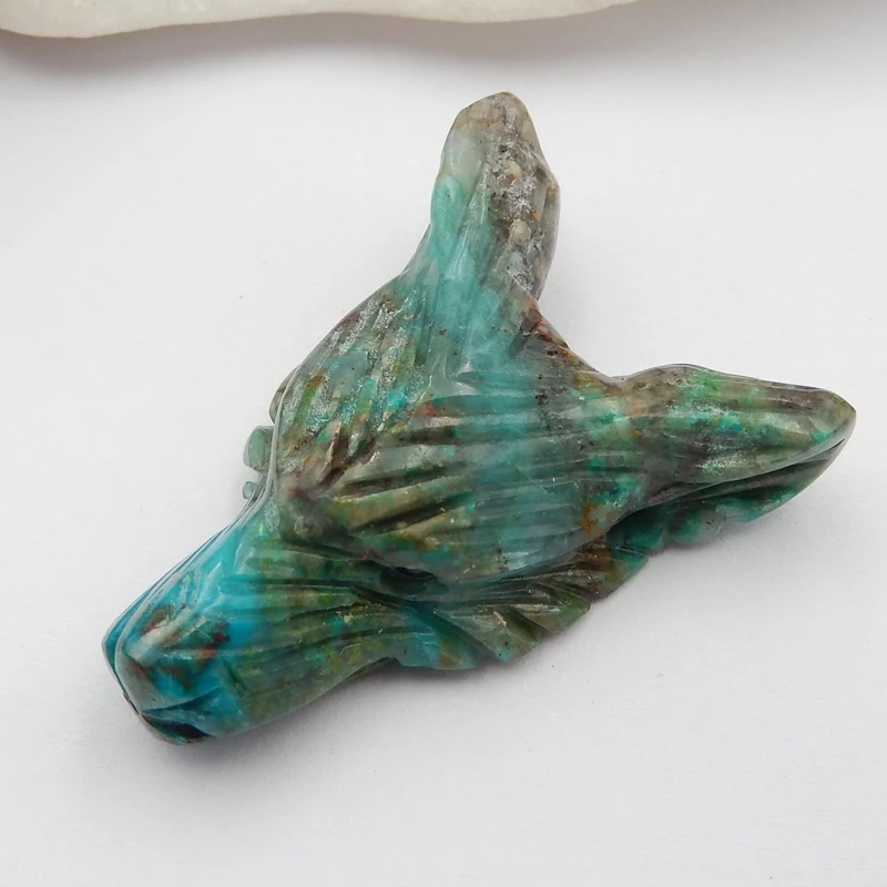 

Handmade Chrysocolla Carved Wolf Head Pendant Bead 41x31x13mm17g