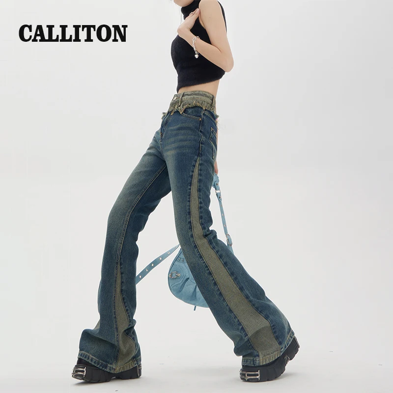 CALLITON 2023 Fringed Women's Retro High Waist Denim Jeans Spring Slim Stitching Flare Loose Long Pants Trousers Plus Size XS-LX