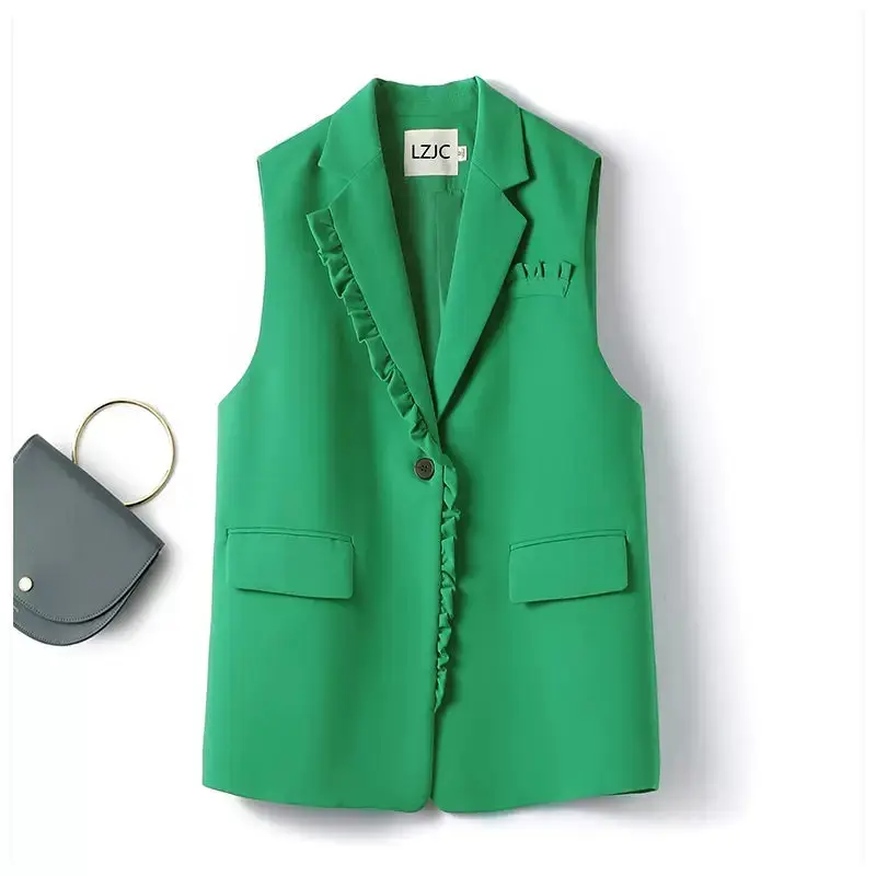 

Женский Зеленый Блейзер, жилет, весна 2023, новая корейская мода, комбинированный край, воротник, куртка без рукавов, жилет для офиса для женщин Z874
