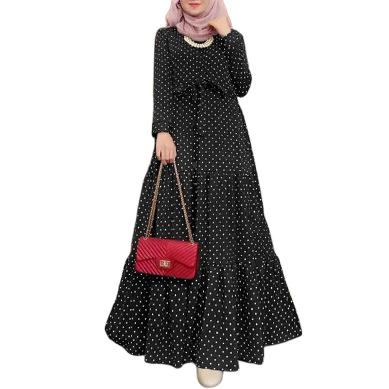 

2023 New Muslim Fashion Vintage Polka Dot Print Long Sleeved Elegant Temperament Commuter Dress Belt Slim Sundress Party Robe