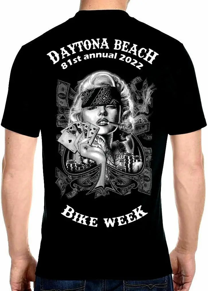 

Mens 2022 Daytona Beach Bike Week Marilyn Monroe Poker Girl Tee Shirt