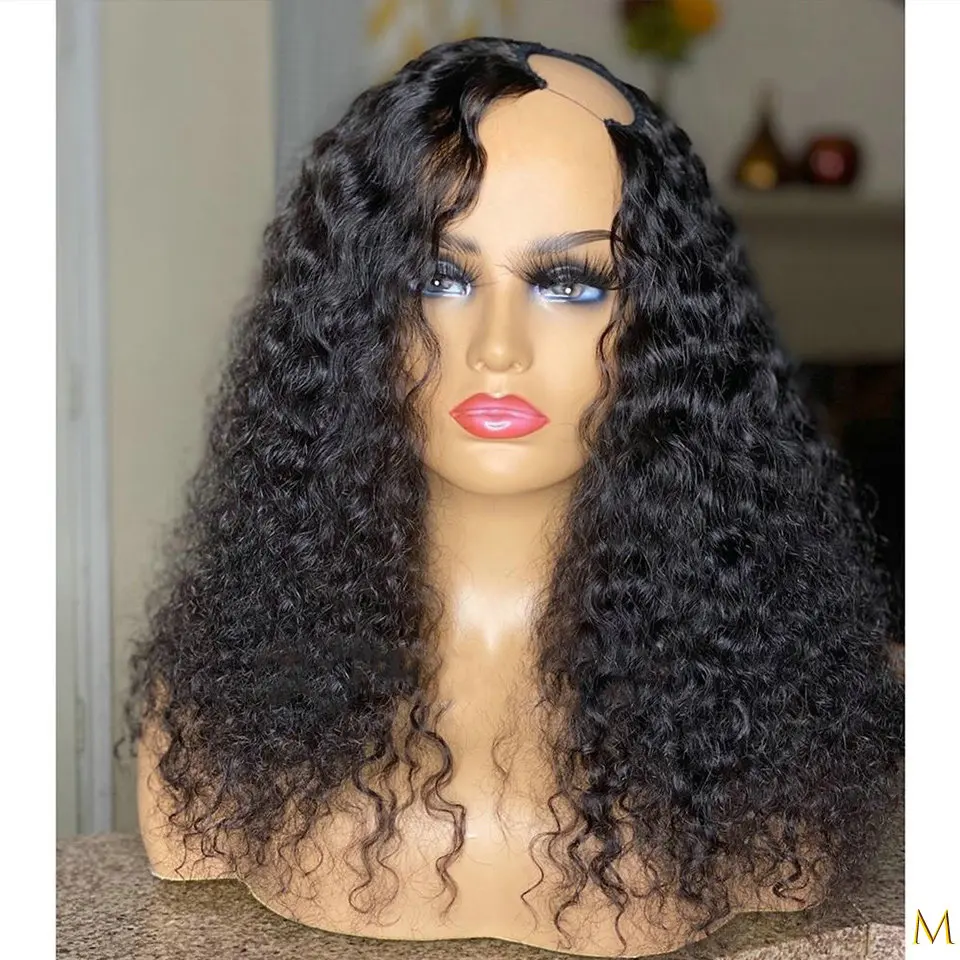 Long Black 24 inch Kinky Curly U Part Wig European Remy Human Hair Wigs Jewish Glueless Wig For Black Women