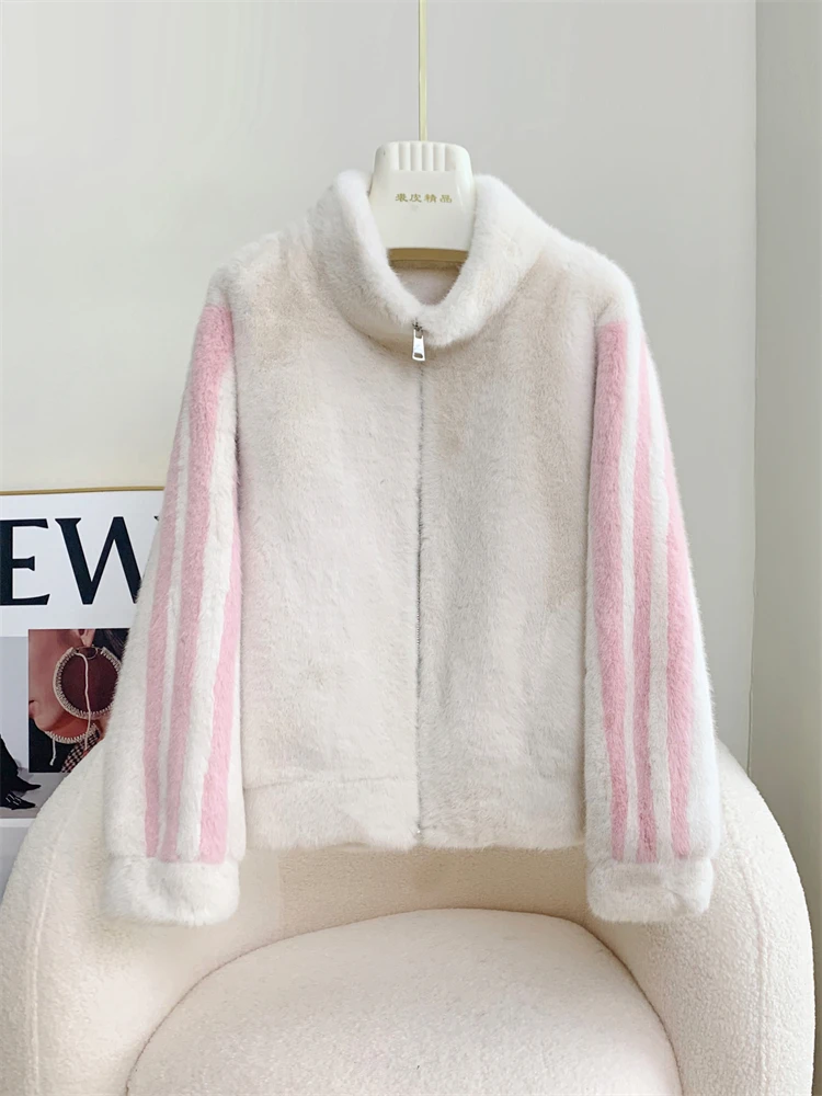 

Новое повседневное теплое Норковое короткое пальто в полоску, Женская свободная Спортивная стильная модная Толстая Меховая куртка на молнии с воротником-стойкой, подходит для осени и зимы