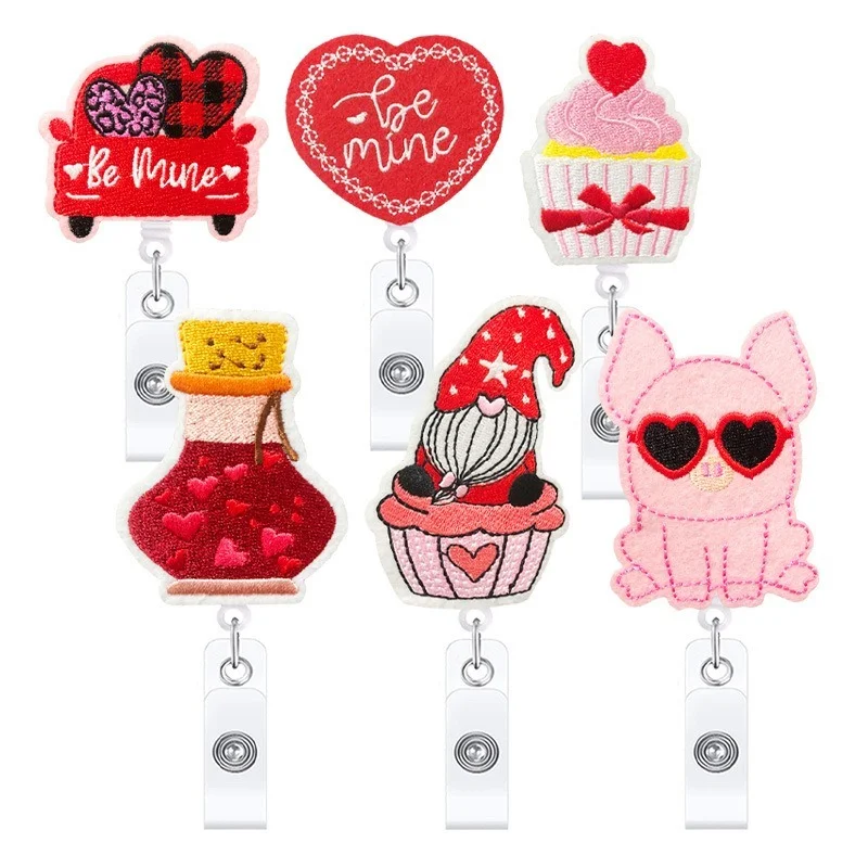 

Nurse Work Card Cover Case Badge Accessories Reels Valentine's Day Cartoon Animal Heart Felt Embroidery Badge Reel for Female