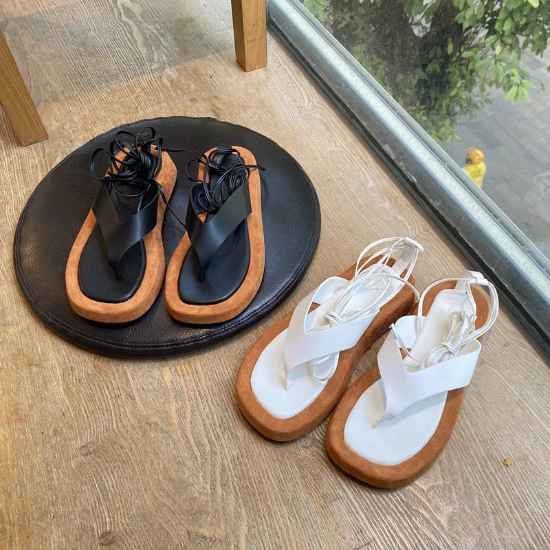 

Sandals Straps Women's Low Shoes Muffins shoe Summer Heels Suit Female Beige Flip Flops Platform Lace Up Low-heeled Flat Outside