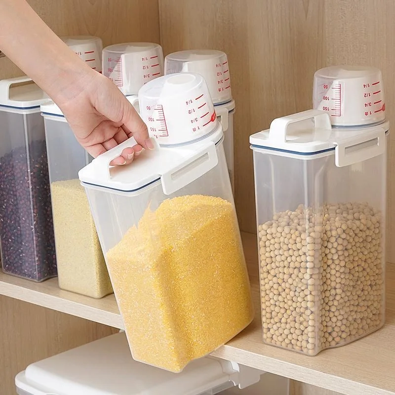 

Kitchen Storage Box With Measuring Cup Moisture-proof Plastic Storage in the Kitchen Home Multigrain Dried Fruit Organizer Box