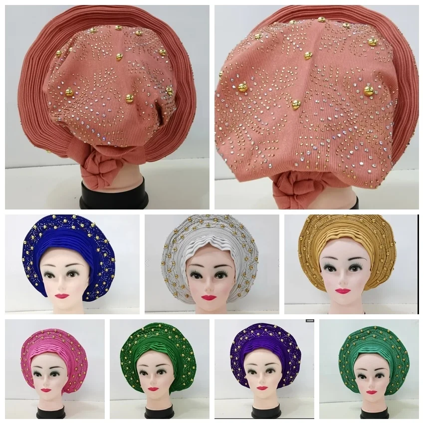 

lack African Auto Gele Aso Oke Headties With Flower Stones Beads Muslim Turban Caps Nigerian Wedding Gele Ready to Wear