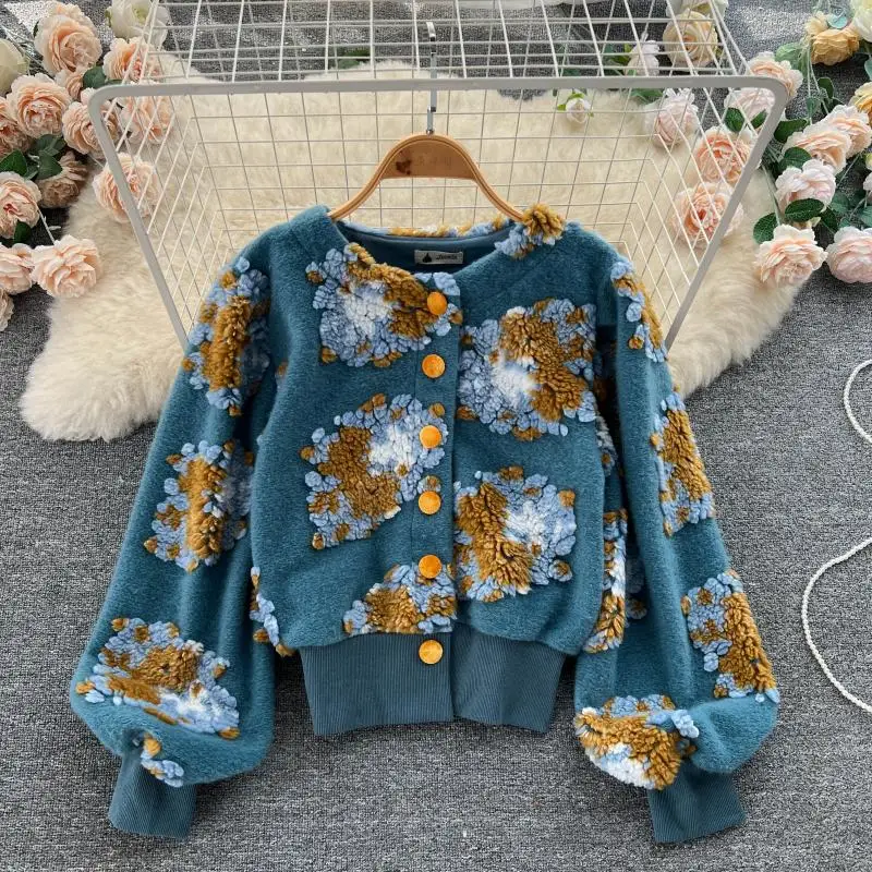 Autumn Winter Jackets for Women Clothes Brand New Retro Three-dimensional Flower Coat Slim Single Breasted Cardigan Short Coats