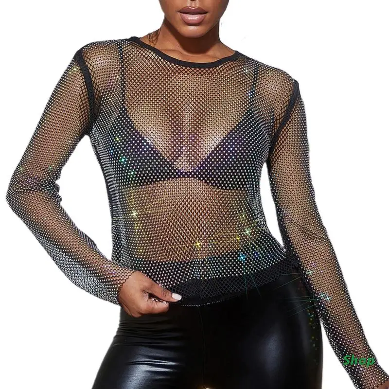 

L5YC женская сексуальная прозрачная Сетчатая футболка блестящие стразы Ажурный пуловер с длинным рукавом Топы для ночного клуба фестиваля