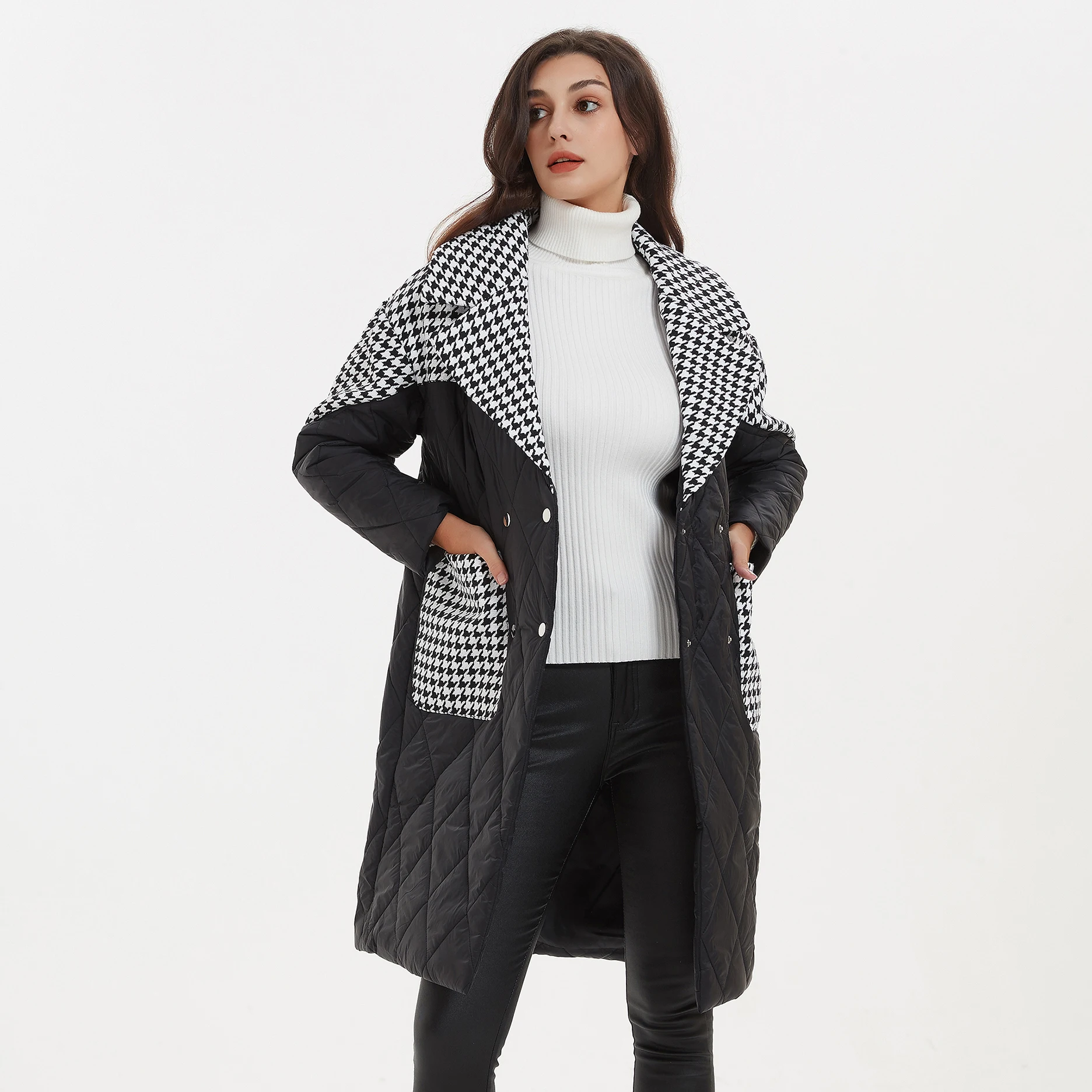 Куртка женская длинная хлопковая с отложным воротником составного кроя - купить