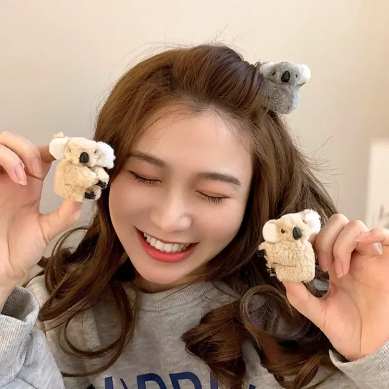 

Women Girls Cute Side Bangs Clip Plush Koala Bear Ornament Hair Clips Lady Soft Barrettes Hairpins Female Hair Accessories