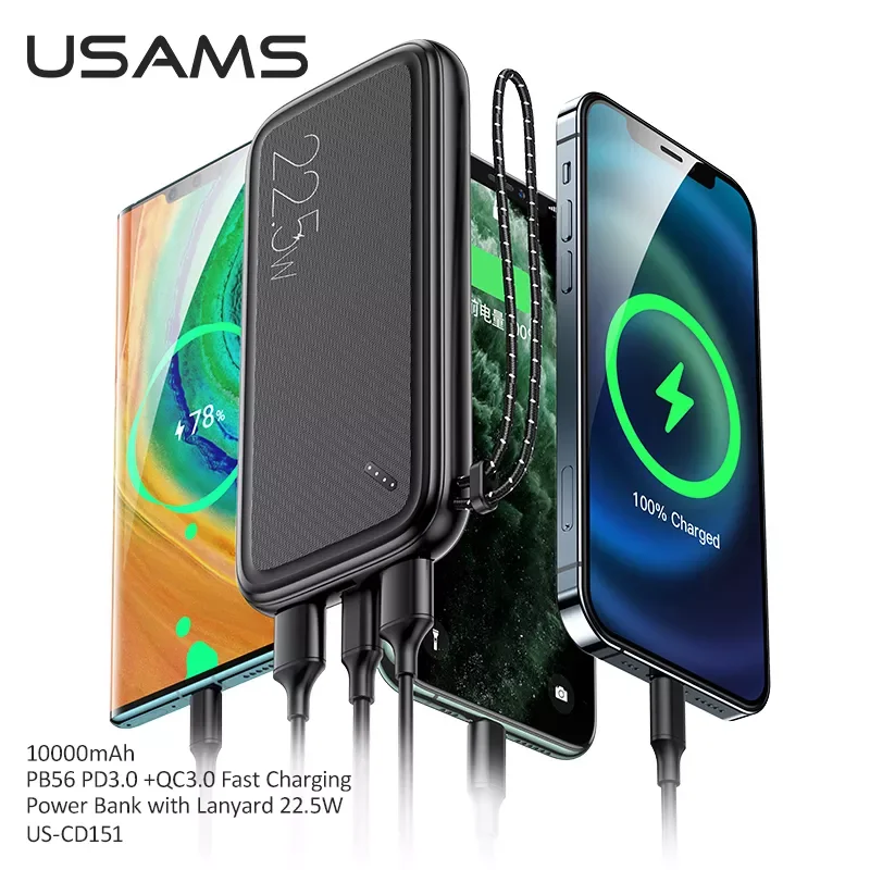 

USAMS 10000mAh Power Bank 22.5W Fast Charging Portable Charging External Battery Charger Pack Powerbank For iPhone