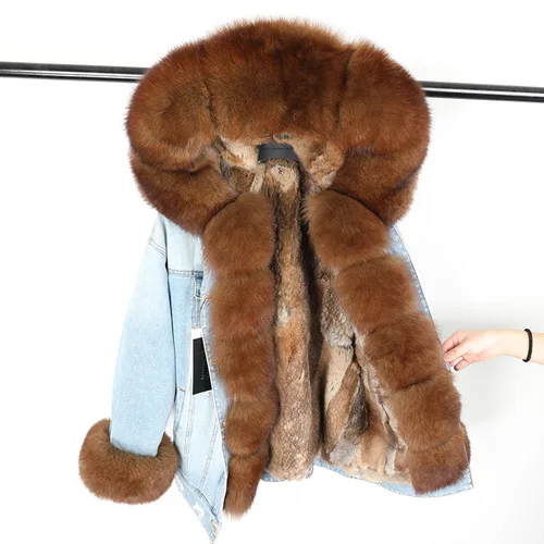 

Aoottii 2022 Winter Jacket Women Real Fur Coat Parka Big Fur Real Fox Collar Rabbit Liner Denim Jacket Streetwear Detachable New