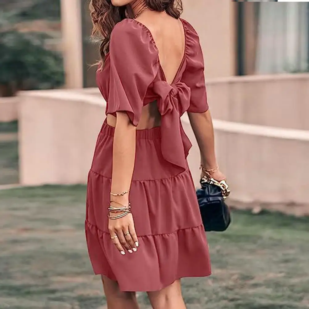 

Женское летнее платье-трапеция с открытой спиной, свободное платье с квадратным вырезом и короткими рукавами