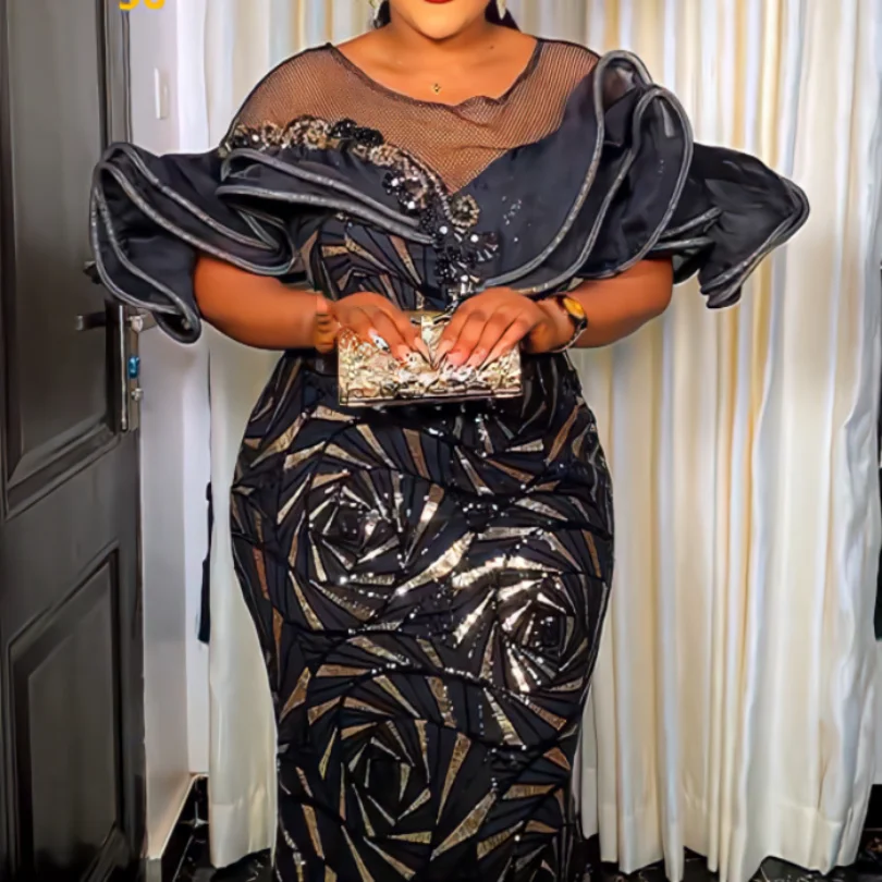 

2023 Spring Summer Elegant African Women Short Sleeve Sequined Wedding Party Long Dress Africna Dresses for Women Maxi Dress
