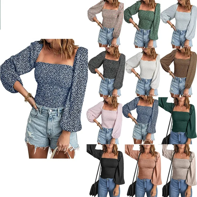 

2022 European American Spring and Autumn New Style Square Neck Long Sleeve Waist Thin Lantern Sleeve Casual Top Women's Pullover
