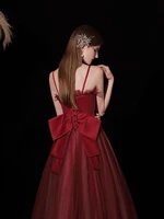 sexy backless prom dresses elegant burgundy a line spaghetti straps tulle floor length boat neck fashion bow wedding party gowns
