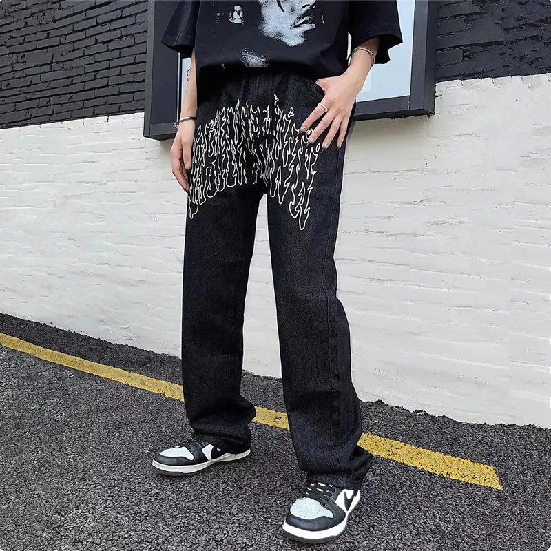 2022 New Fashion Flame Letter Print Streetwear Men Baggy Jeans Pants Straight Hip Hop Black Loose Women Denim Trousers Pantalon