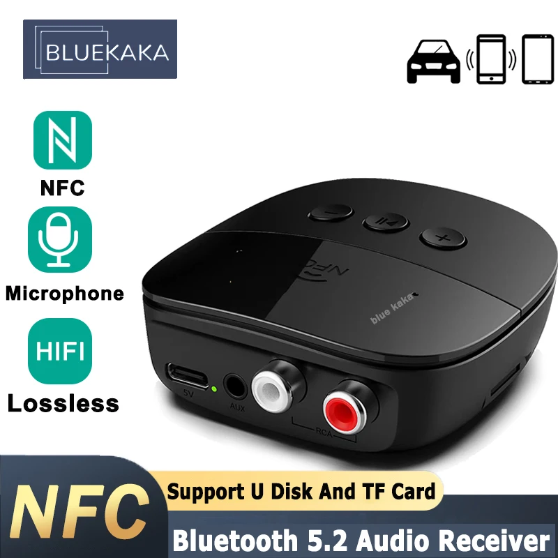 

NFC Bluetooth 5,2 аудиоприемник R/L RCA/AUX USB стерео беспроводной адаптер Поддержка U диска/TF карты с микрофоном для автомобиля Комплект динамика