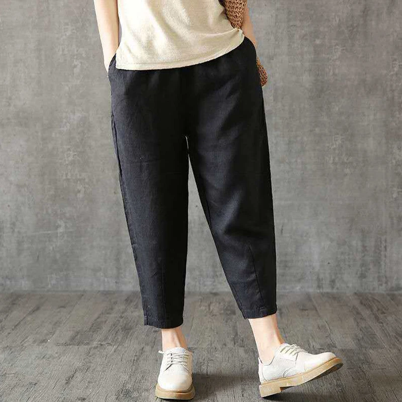 Casual Cotton Linen Pants Breathable Ankle-length Trousers Retro Loose With Pockets Spring Summer Elastic Waist Cropped Trousers